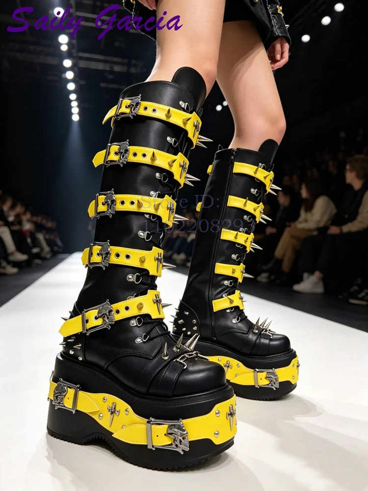 Sewing Zipper - Stivali al ginocchio punk con rivetti